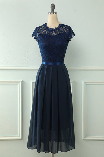Navy Midi Lace Wedding Party Dress